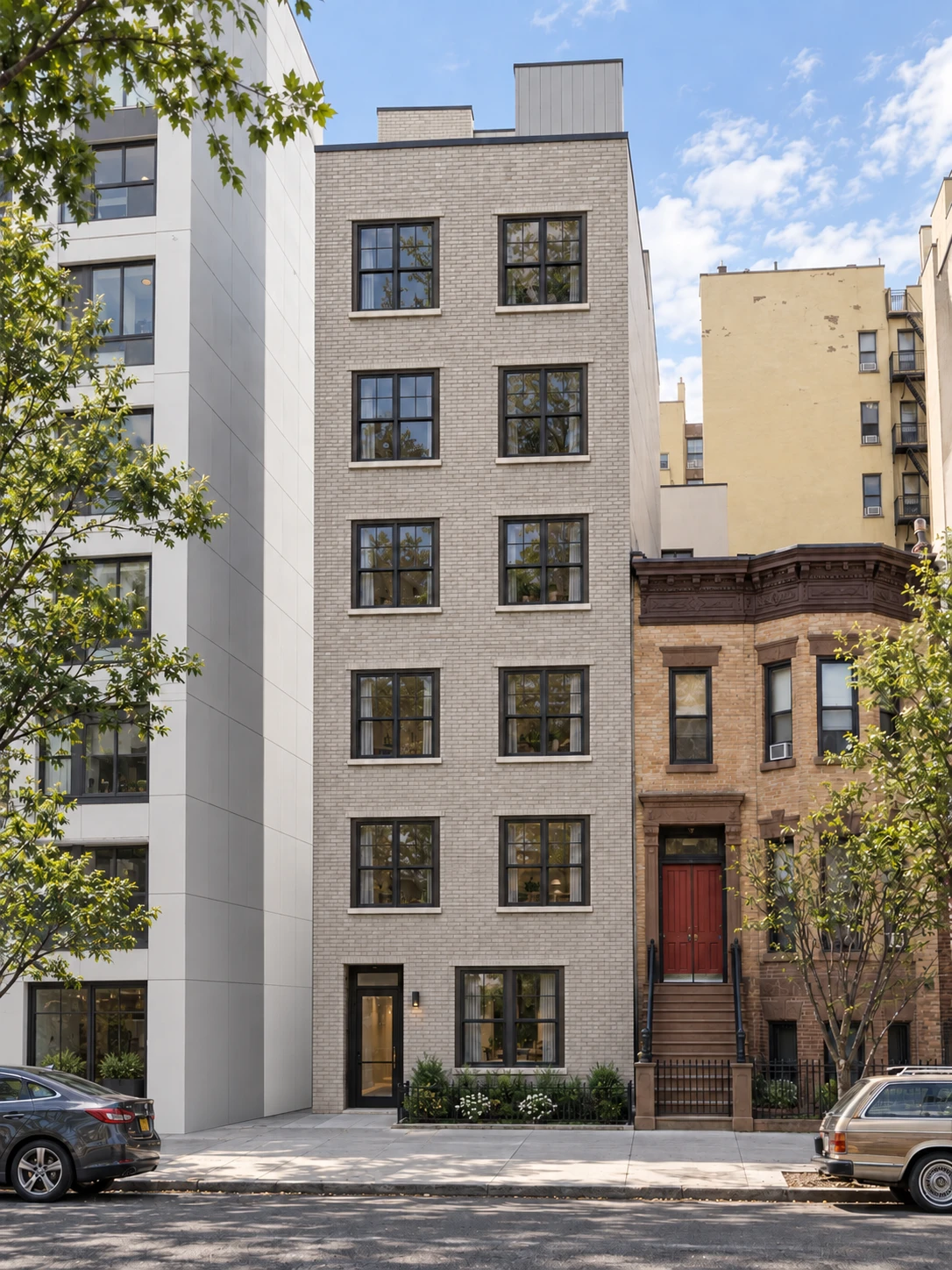 Architectural visualization of HT Associates' original six-story Crotona Park North design attached to both neighbors, with the white left building projecting toward the street