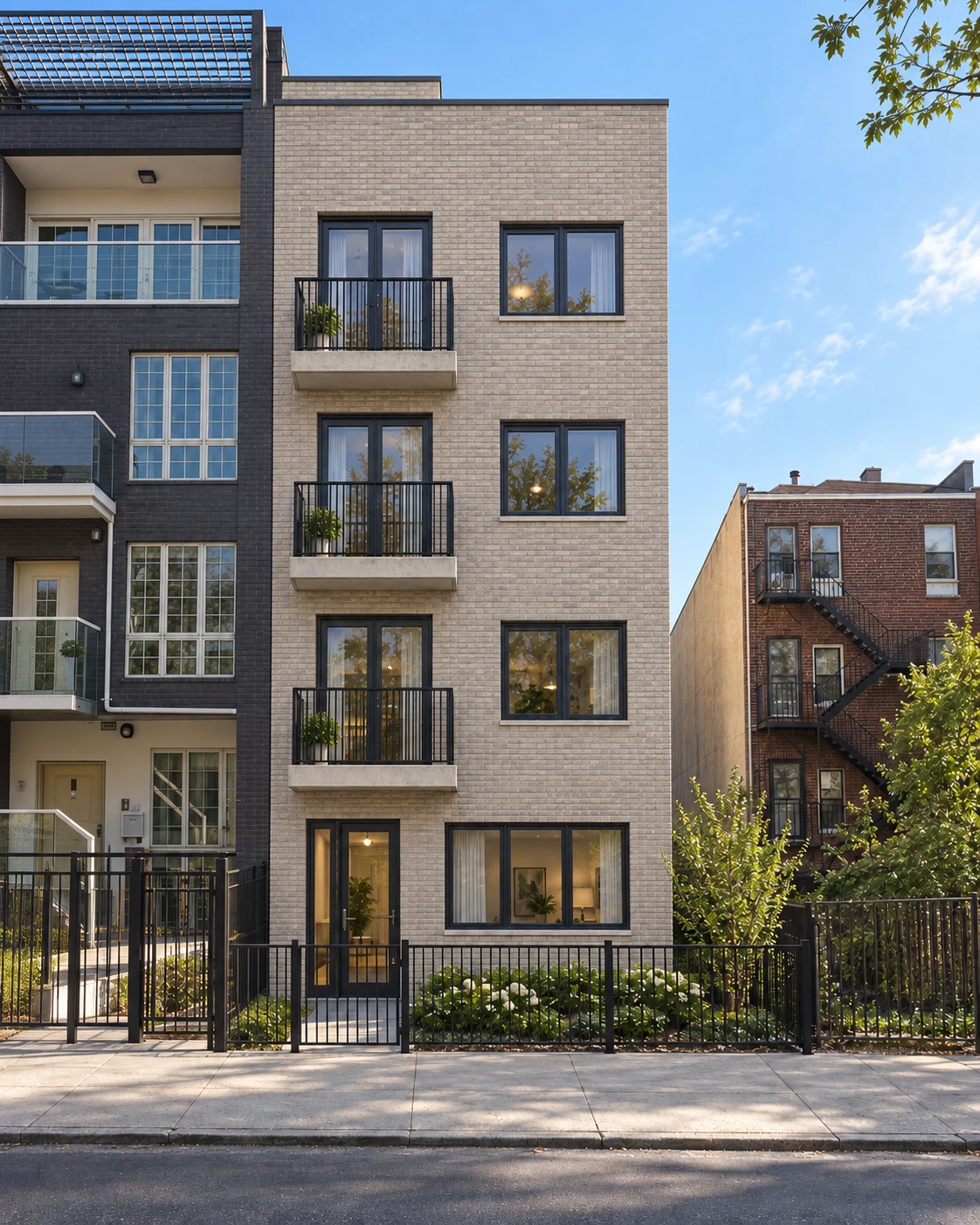 Proposed four-story Hancock Street Residences attached to the left neighbor, with brick facade and three stacked balconies, architectural visualization