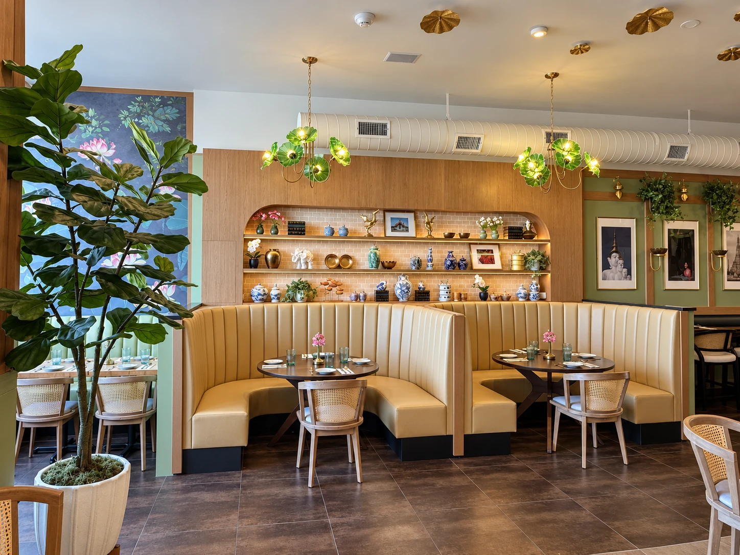 UdEE Thai Bistro dining booths, display niche and leaf-shaped pendant lights